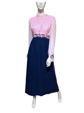Vintage Formal Maxi Dress S Embroidered Ruffle Balloon Sleeves Twee Coquette